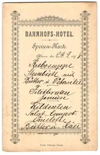 Menükarte Husum 1898, Bahnhofs-Hotel, Menüfolge