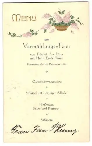 Menükarte Hannover 1925, Vermählungs-Feier Frl. Ina Rüter mit Herrn Erich Blume, geprägter Blumenkorb