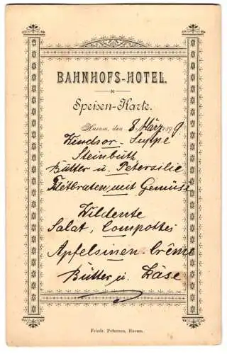 Menükarte Husum 1899, Bahnhofs-Hotel, Speise-Karte