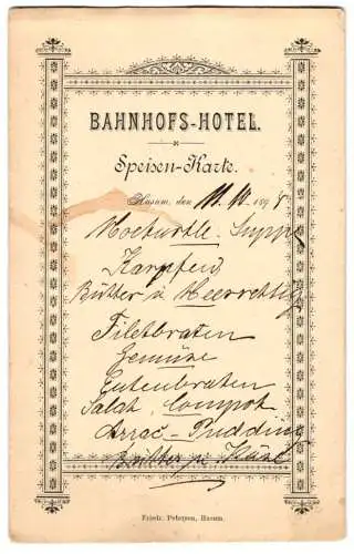 Menükarte Husum 1899, Bahnhofs-Hotel, Speise-Karte