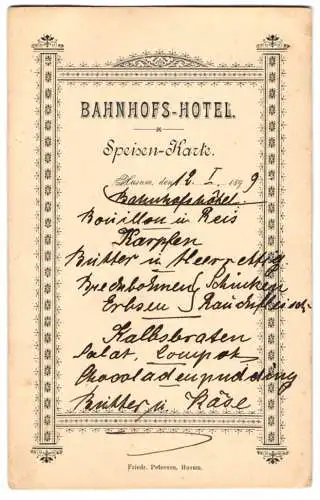 Menükarte Husum 1899, Bahnhofs-Hotel, Speise-Karte