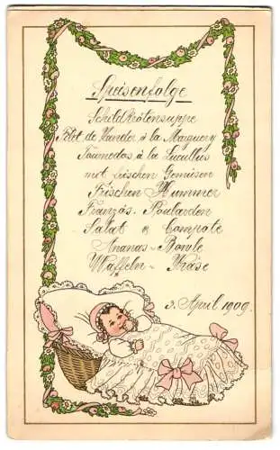 Menükarte 1909, Speisefolge, Litografie Baby im Korb, zum Aufstellen