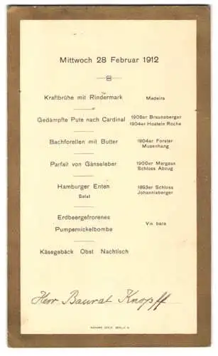 Menükarte 1912, für Herr Baurat Knopff, Menüfolge