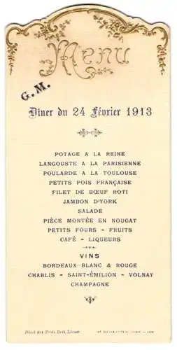 Menükarte Liesse 1913, Hotel des Trois Rois, Diner du 24 fevrier 1913, Menüfolge, geprägter Menükopf