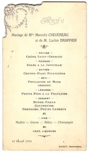 Menükarte Basset 1922, Mariage de Mlle Marcelle Chevereau et de M. Lucien Drappier