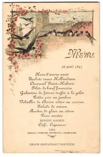 Menükarte 1895, Grand Restaurant Dreveton, Menükarte für Monsieur Guillet Lucien