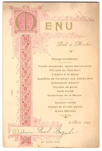 Menükarte 1898, Maraiage de Paul et Marthe, Menükarte für Madame Paul Bazoche