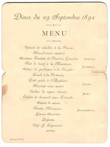 Menükarte 1892, Diner du 29 Septembre 1892, Menüfolge