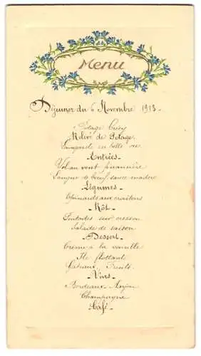 Menükarte 1913, Dejeuner du 6 Novembre 1913, Schriftzug Menü und Blumen geprägt