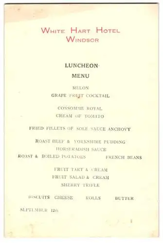 Menükarte White Hart Hotel Windsor, Luncheon Menu