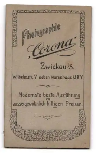 Fotografie Photograph Corona, Zwickau i. S., Wilhelmstr. 7, Porträt einer Dame