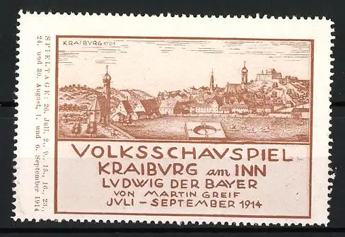 Reklamemarke Kraiburg am Inn, Volksschauspiel Ludwig der Bayer 1914, Ortsansicht