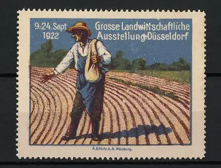 Reklamemarke Düsseldorf, Grosse Landwirtschaftliche Ausstellung 1922, Bauer bei der Aussaat