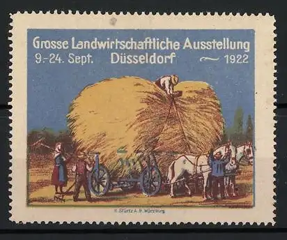 Reklamemarke Düsseldorf, Grosse Landwirtschaftliche Ausstellung 1922, Heuwagen mit Pferden