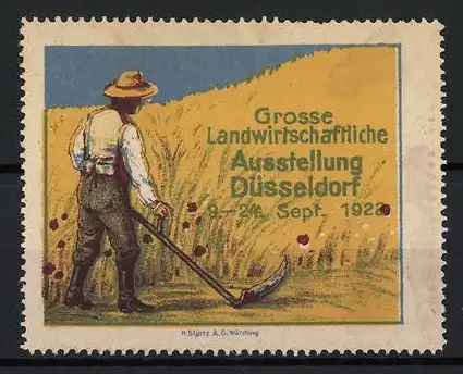 Reklamemarke Düsseldorf, Grosse Landwirtschaftliche Ausstellung, Bauer mit Sense, 1928