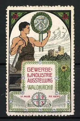 Reklamemarke Waldkirch, Gewerbe- & Industrie-Ausstellung 1913, Schmied mit Kranz