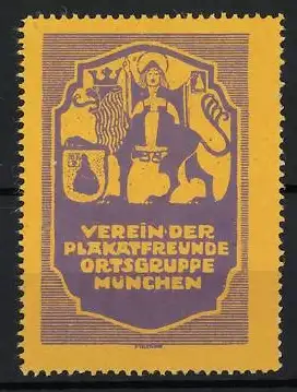 Künstler-Reklamemarke Emil Pirchan, München, Verein der Plakatfreunde Ortsgruppe München, Wappen mit Löwe und Krone