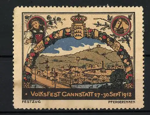 Reklamemarke Cannstatt, Volksfest 27-30 Sept 1912, Festzug und Pferderennen