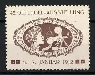 Reklamemarke Dresden, 48. Geflügel-Ausstellung 1912, Frau mit Tauben