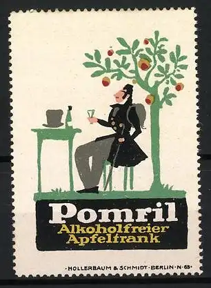 Reklamemarke Berlin, Pomril, alkoholfreier Apfeltrank, Mann unter Apfelbaum