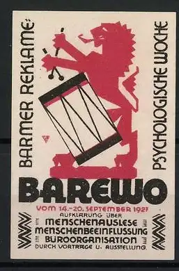 Reklamemarke Barmer, Psychologische Woche 1927, Löwe mit Trommel