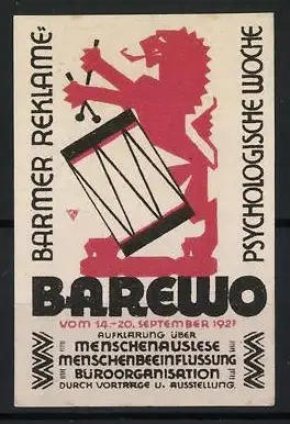 Reklamemarke Barmer, BAREWO Menschenauslese & Beeinflussung 1927, Löwe mit Trommel