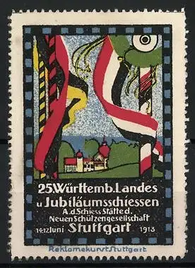 Reklamemarke Stuttgart, 25. Württemb. Landes-Jubiläumsschiessen, Fahnen und Landschaft, 1913