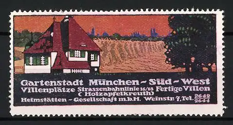 Reklamemarke München, Gartenstadt Süd-West, Villa und Landschaftsszene