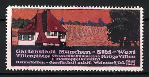 Reklamemarke München, Gartenstadt Villenplätze, Haus und Bäume