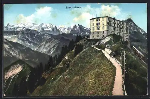 AK Stanserhorn, Hotel und Bergbahn mit Blick nach den Berner Alpen