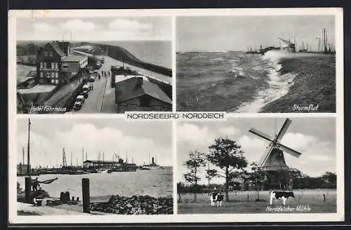 AK Norddeich / Nordseebad, Hotel Fährhaus, Sturmflut, Hafen, Windmühle