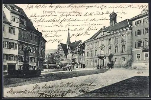 AK Esslingen / Neckar, Marktplatz mit Geschäften und Rathaus und Brunnen