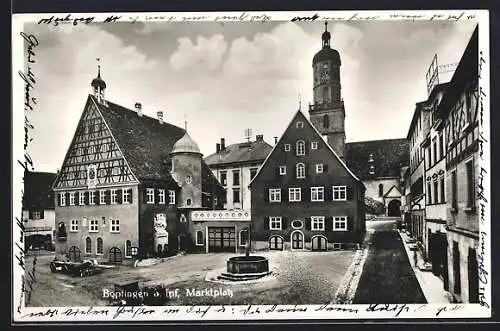 AK Bopfingen a. Ipf, Marktplatz mit Denkmal, Brunnen und Uhrenturm