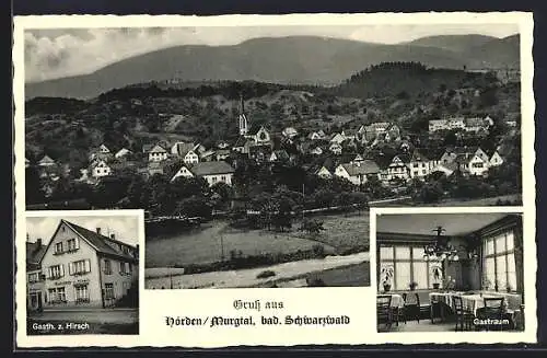 AK Hörden /Murgtal, Gasthaus zum Hirsch J. Häfele mit Gastraum, Gesamtansicht mit Bergen aus der Vogelschau