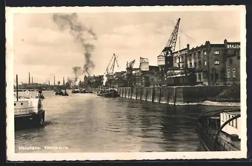AK Mannheim, Rheinpartie, Hafen mit Löschanlagen u. Frachtschiffen