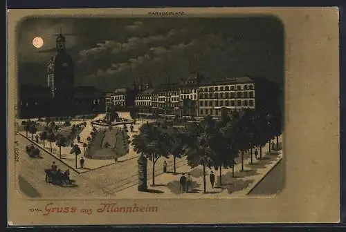 Lithographie Mannheim, Paradeplatz bei Vollmond mit Strasse aus der Vogelschau