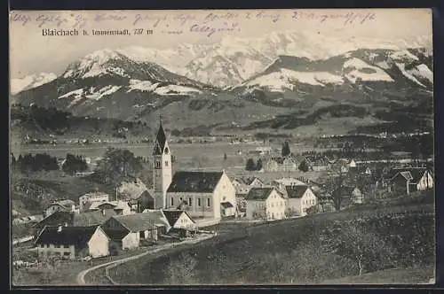 AK Blaichach b. Immenstadt, Blick auf die Kirche und die Gebirgskette dahinter