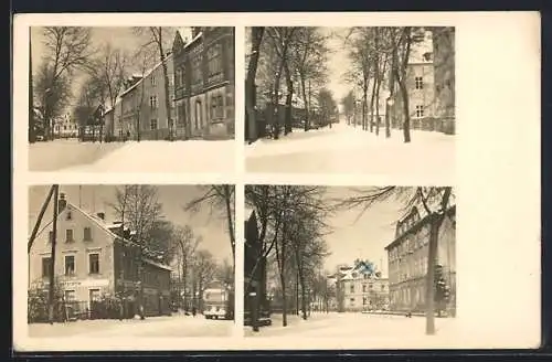 AK Sehma /Erzgeb., Karlsbader Strasse, Vier Ansichten im Winter, mit Gaststätte