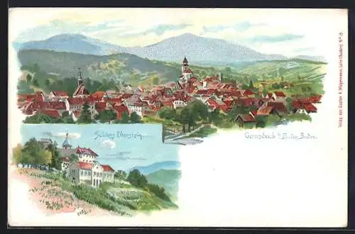 Lithographie Gernsbach /Baden-Baden, Schloss Eberstein, Gesamtansicht mit Bergpanorama