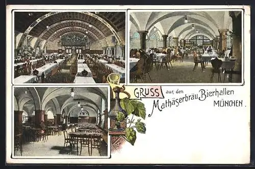 Lithographie München, Mathäserbräu Bierhallen in der Bayerstrasse, Innenansicht