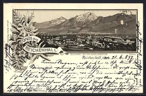 Lithographie Bad Reichenhall, Panorama mit Achselmannstein