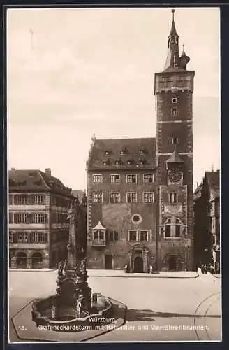 AK Würzburg, Ratskeller und Vierröhrenbrunnen mit Grafeneckardsturm