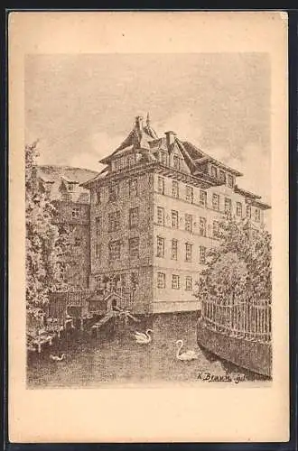 Künstler-AK Geislingen a. St., Kanzleigebäude und Schubarthaus mit Schwanenteich