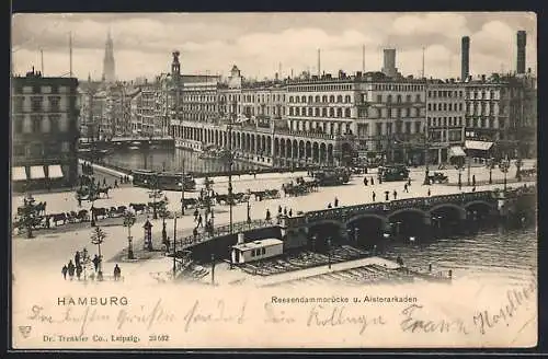 AK Hamburg-Neustadt, Reesendammbrücke und Alsterarkaden mit Geschäften und Strassenbahn