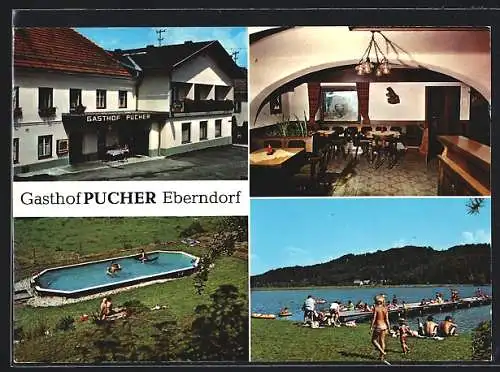 AK Eberndorf /Kärnten, Der Gasthof Pucher mit Innenansicht, Seepartie und Freibad