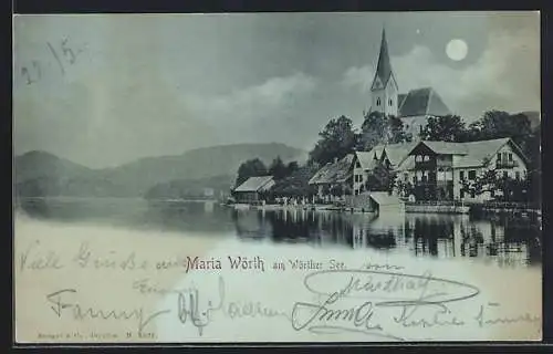 Mondschein-AK Maria Wörth am Wörther See, Teilansicht mit Kirche vom See aus