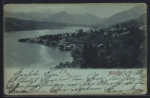 Mondschein-AK Millstatt, Panoramablick auf Ort und See