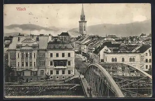 AK Villach, Brücke mit Strassenansicht und Kirche