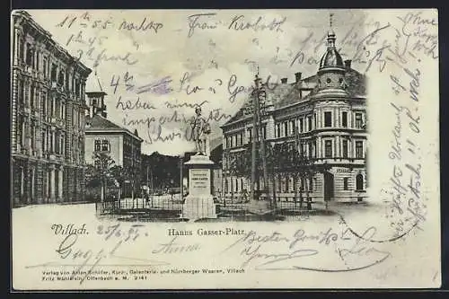 Mondschein-AK Villach, Hanns Gasser-Platz mit Denkmal