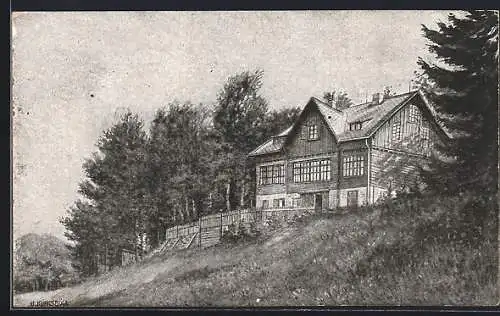 Künstler-AK Franz-Krebs-Schutzhaus, Berghütte auf dem Schöpfl